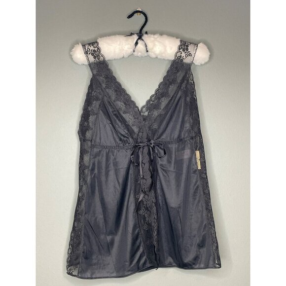 VTG Deadstock Younkers Made in California Black Lace Trim Satin Cami Lingerie - Picture 1 of 9